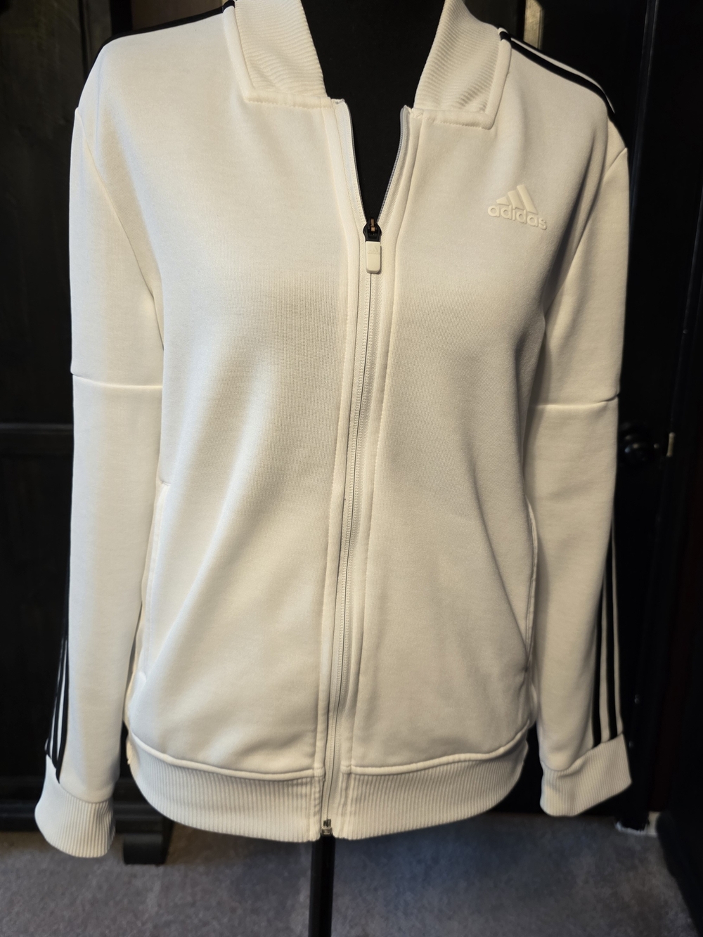 Adidas White Full Zip Track Jacket Size Small Black Stripe Athletic Jacket